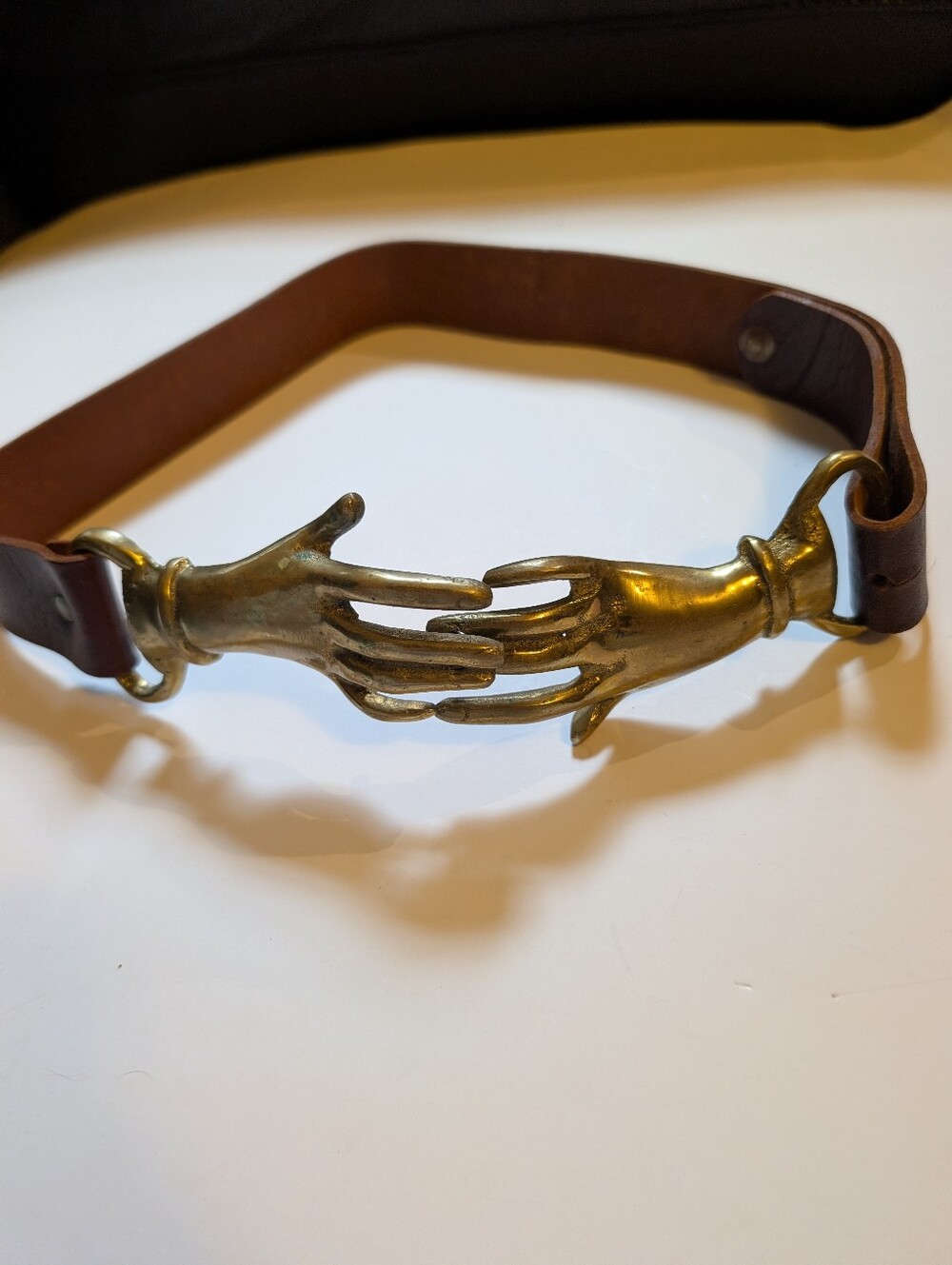 VTG 1970s Clasping Hands Brass Belt Buckle Leather Victorian Revival 30" Mailian
